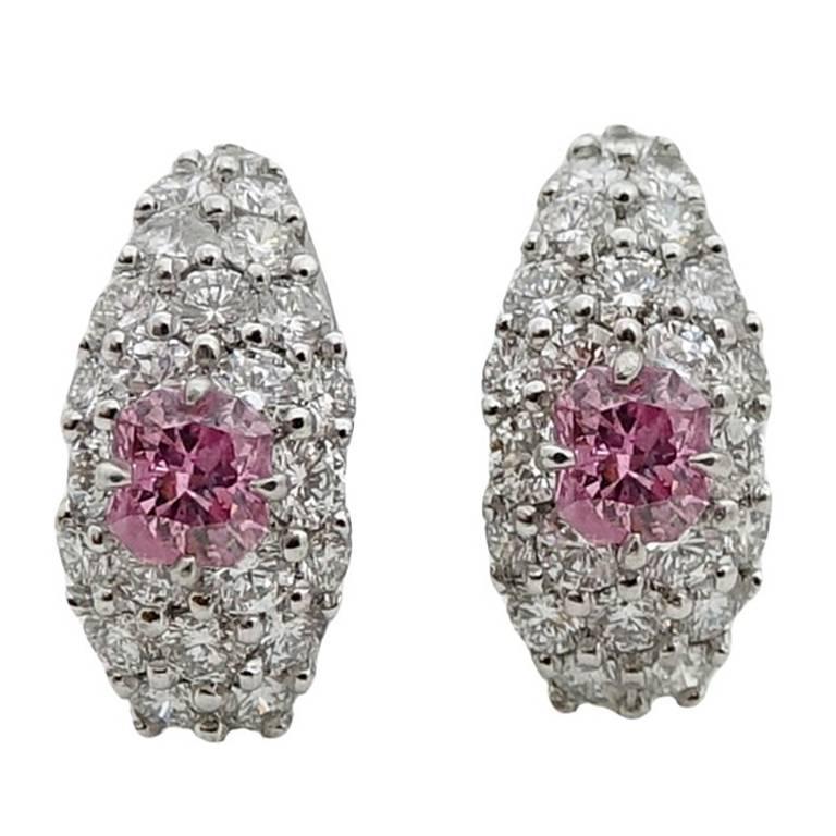 Fancy Intense Pink and White Diamond Platinum Earrings For Sale