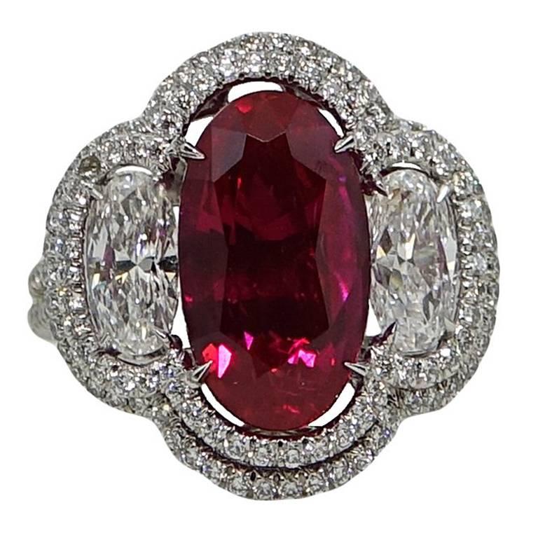 Natural 5.37 Carat No Heat Burma Ruby and Diamond  Engagement Ring For Sale