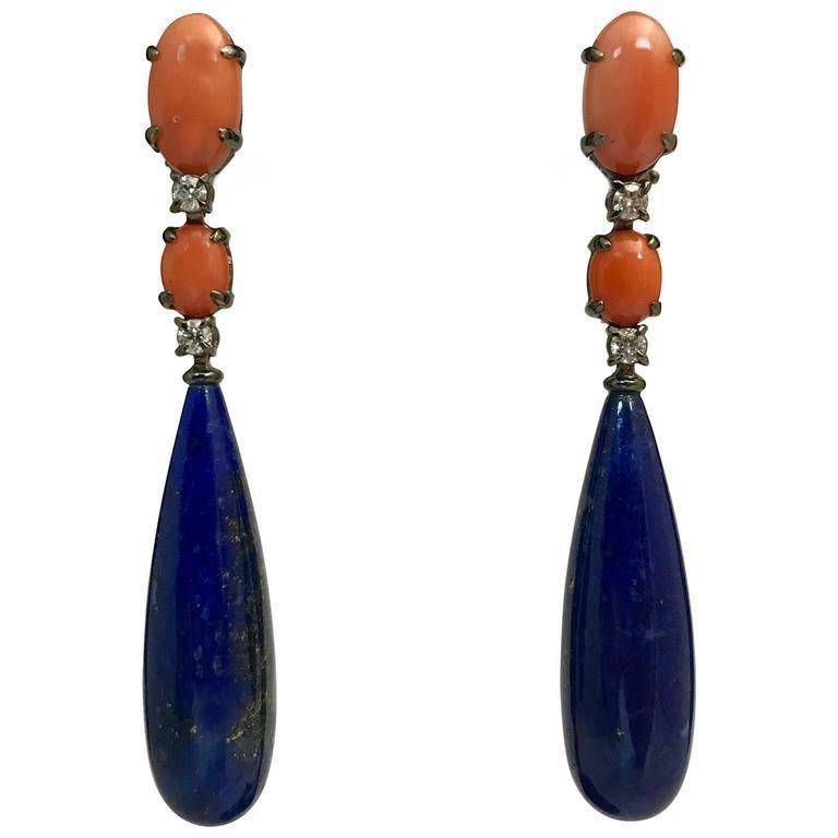  Coral Lapis Lazuli Diamond Chandelier Earrings