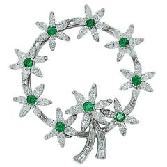 Emerald and Diamond Circle Platinum Brooch