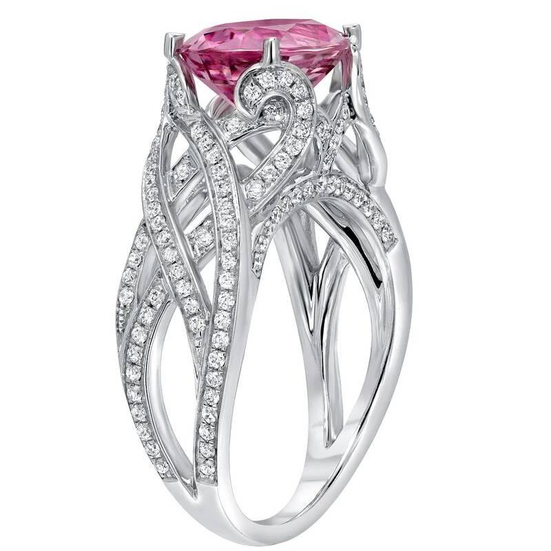 An exquisite, hard to find, 3.18 carat oval Pink Spinel, set in a 0.53 carat 18K white gold diamond ring. 
Size 6. Re-sizing is complimentary upon request. 
Returns are accepted and paid by us within 7 days of delivery.

Colorful alternatives for