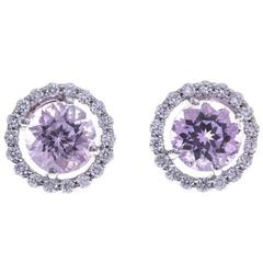 3.89 Carat Kunzite Diamond White Gold Halo Stud Earrings 8