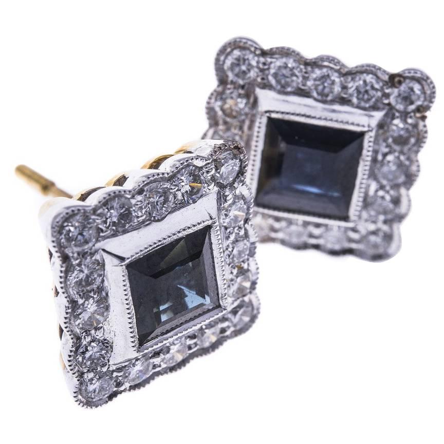 18 Carat Gold Sapphire and Diamond Square Halo Stud Earrings For Sale