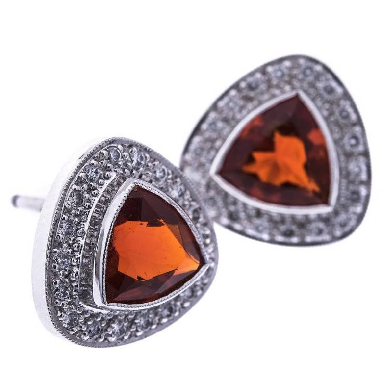 Fire Opal Diamond White Gold Triangular Halo Stud Earrings For Sale