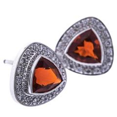 Fire Opal Diamond White Gold Triangular Halo Stud Earrings 2