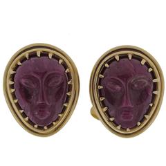 Vintage One of a Kind Carved Ruby Gold Faces Cufflinks
