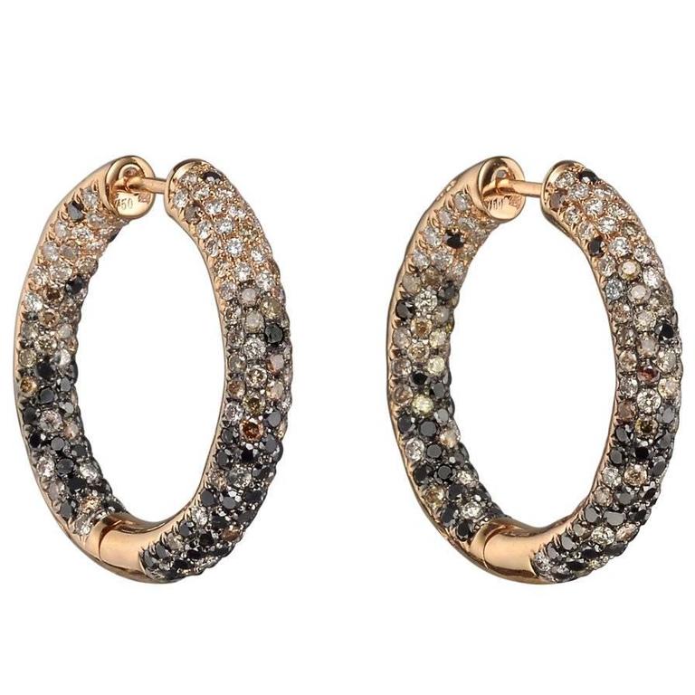 Pavé Multicolored Diamond Pink Gold Hoop Earrings At 1stdibs Pavé Multicolored Diamond Pink Gold Hoop Earrings For