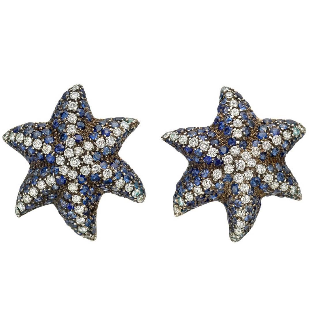 Ronald Abram Sapphire Diamond White Gold Starfish Earclips
