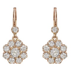 Vintage Diamond Pink Gold Cluster Drop Earrings