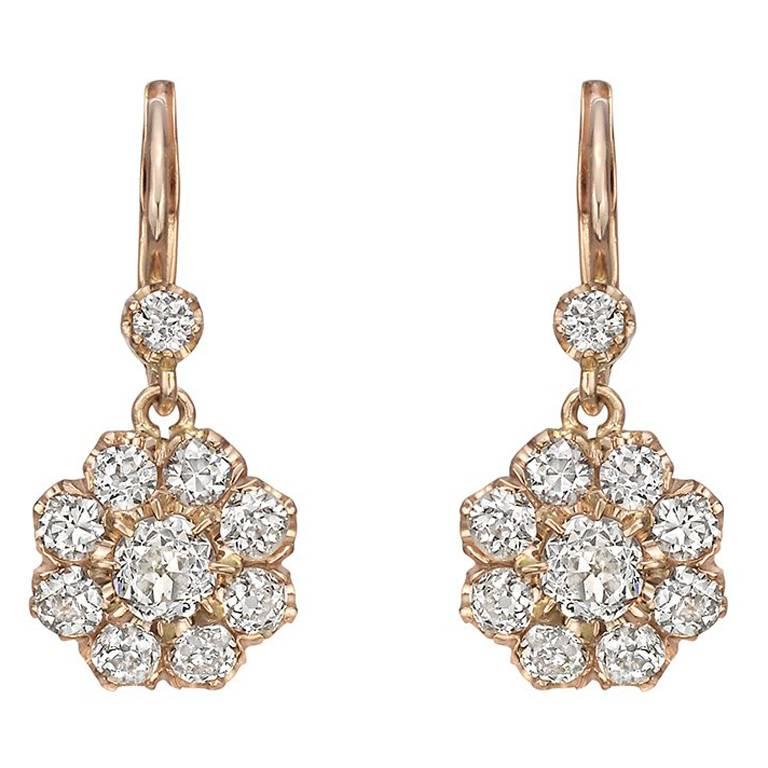 Diamond Pink Gold Cluster Drop Earrings at 1stDibs diamond cluster