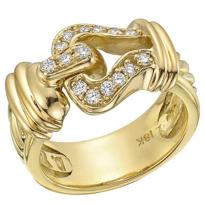 David Yurman Diamond Yellow Gold Open Buckle Ring