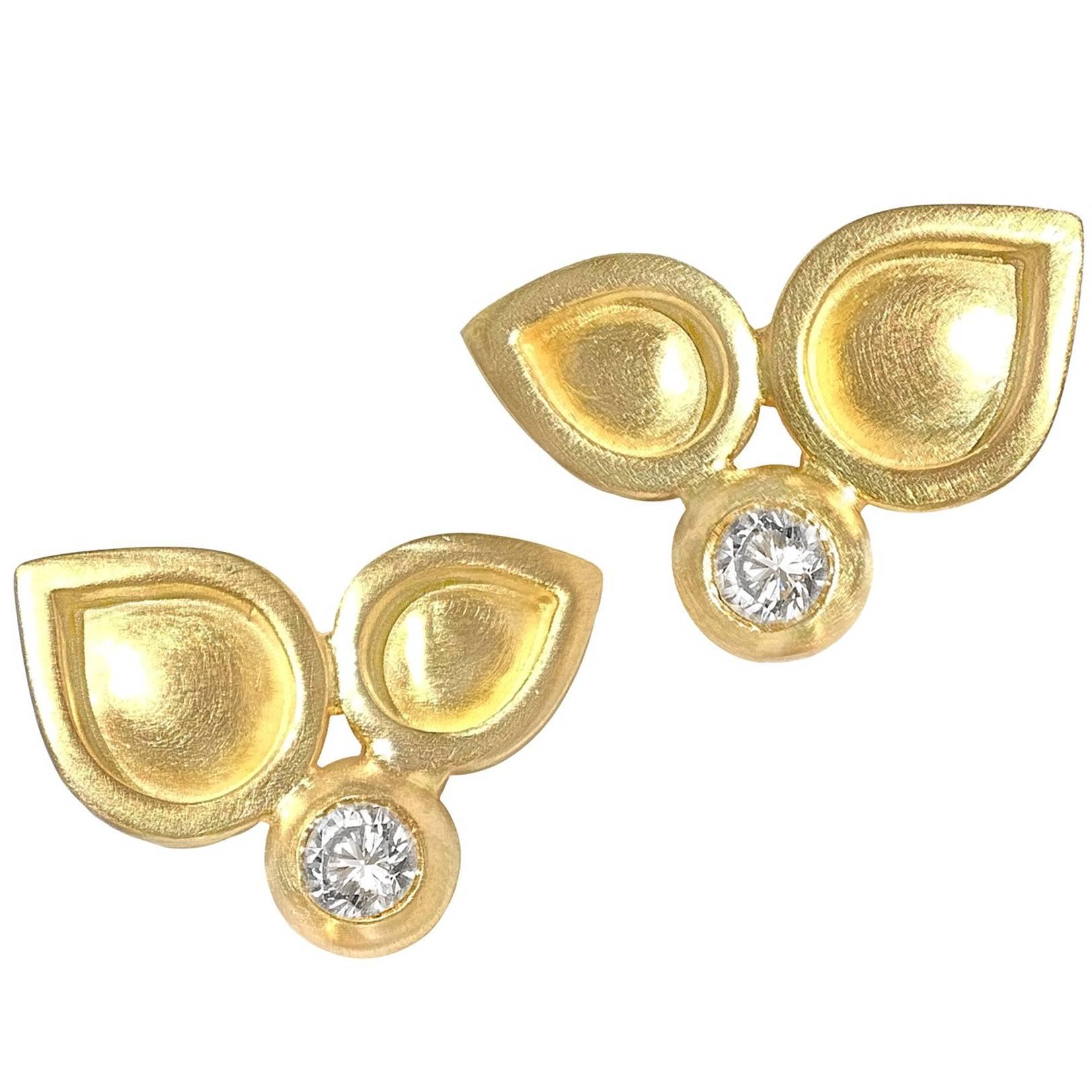 Monica Marcella White Diamond Handmade Matte Gold Stud Earrings