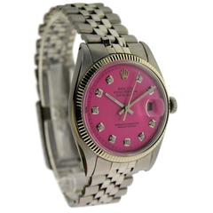 Rolex Stainless Steel Datejust Replacement Pink Diamond Dial Wristwatch