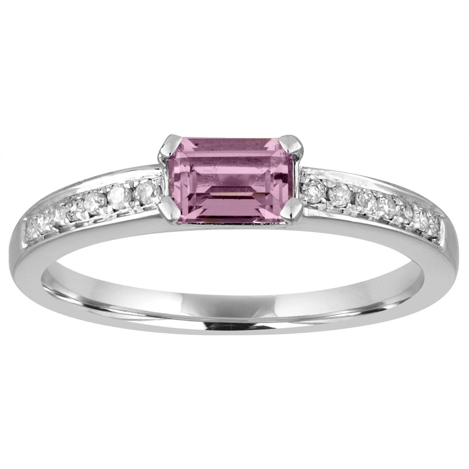 Stackable 0.37 Carat Amethyst Baguette and Diamond Gold Ring For Sale