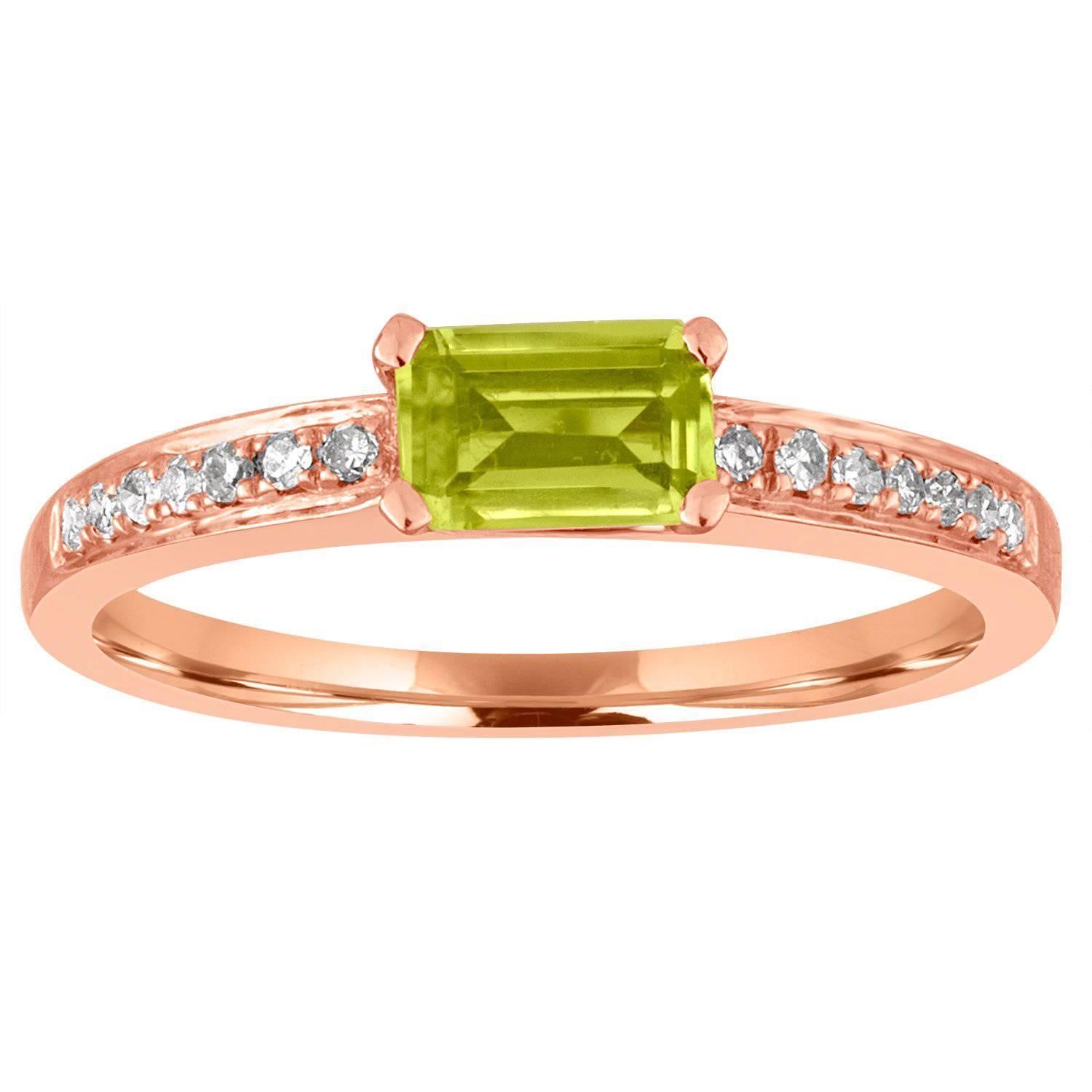 Stackable 0.44 Carat Peridot Baguette and Diamond Gold Ring