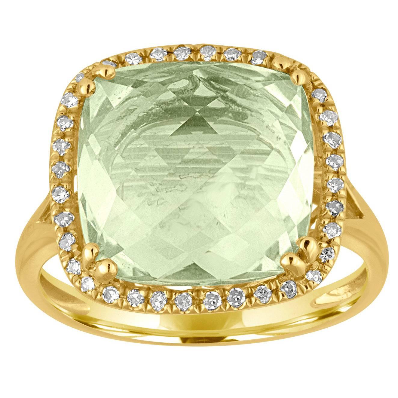 Cushion Cut 6.44 Carats Green Amethyst and Diamond Halo Gold Ring