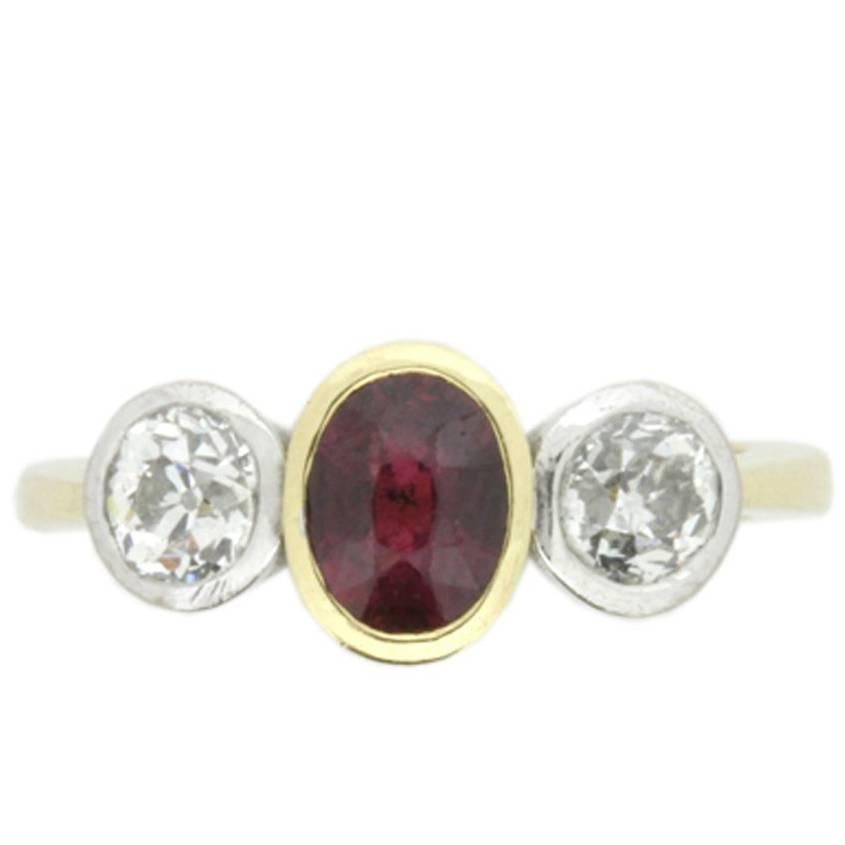 Antique Ruby and Diamond Three-Stone Engagement Ring, circa 1940s