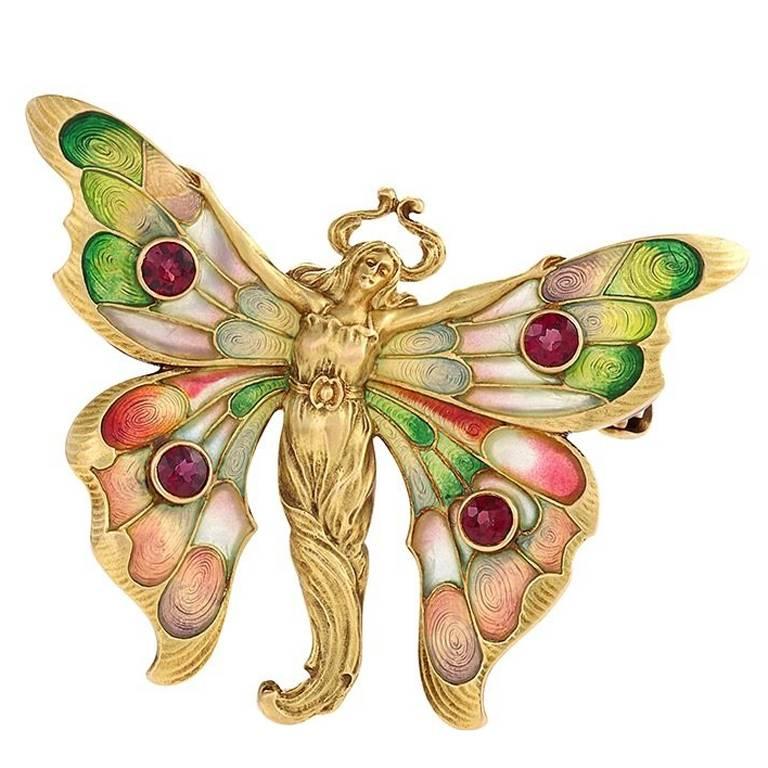 Whiteside & Blank Art Nouveau Ruby Gold Enamel Butterfly Brooch