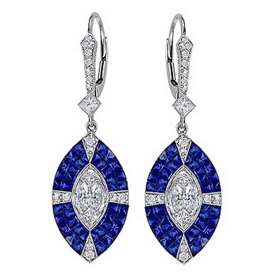 Invisible Set Sapphire Diamonds Lever-Back Drop Earrings in White Gold