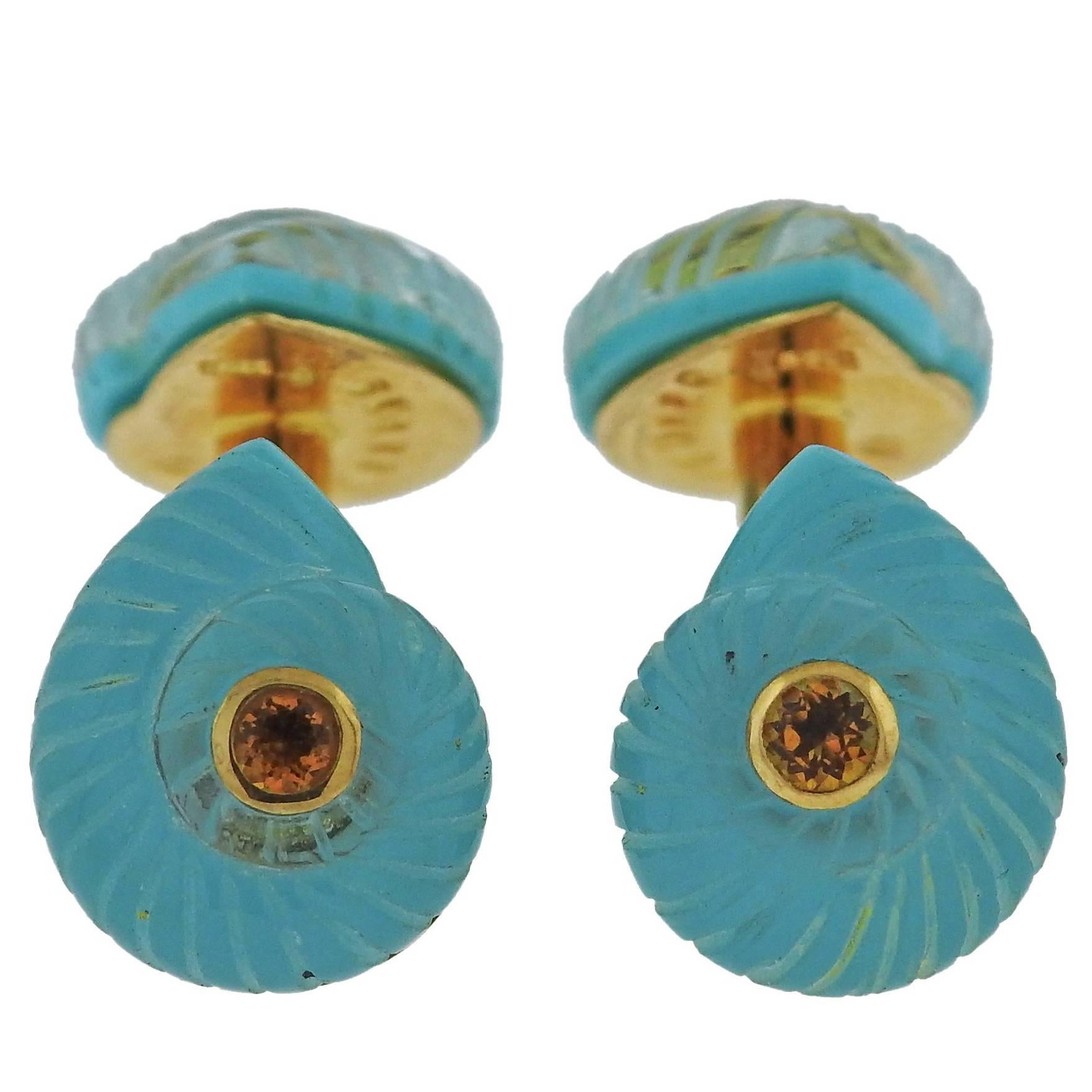 Trianon Crystal Turquoise Citrine Gold Shell Cufflinks