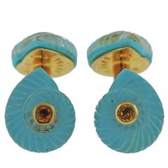 Vintage Trianon Crystal Turquoise Citrine Gold Shell Cufflinks