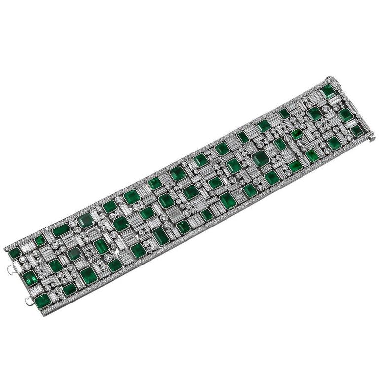 Diamond Emerald Platinum Bracelet For Sale