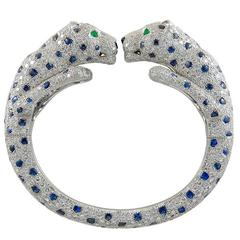 Cartier Sapphire Diamond Platinum Panther Bangle Bracelet 3