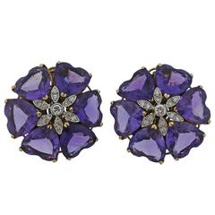 Retro Amethyst Diamond Gold Large Flower Earrings