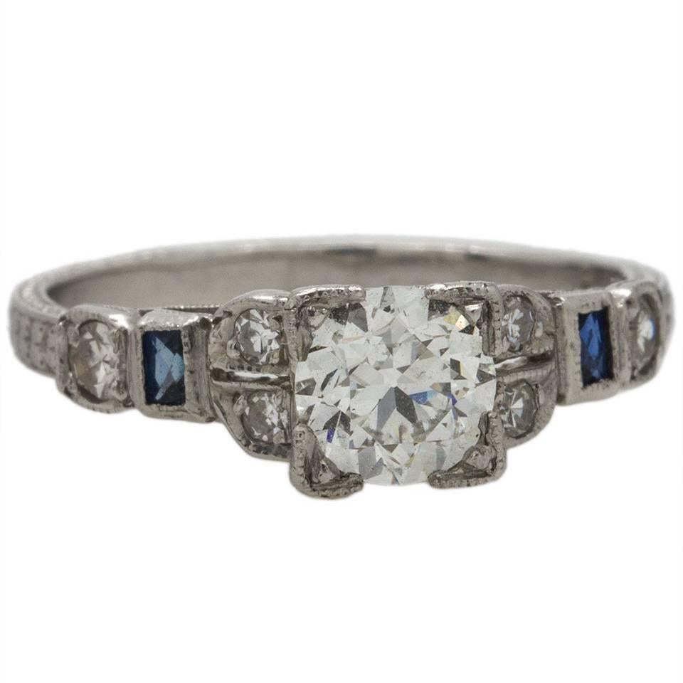 0.71 Carat Old European Cut Diamond Platinum Engagement Ring For Sale