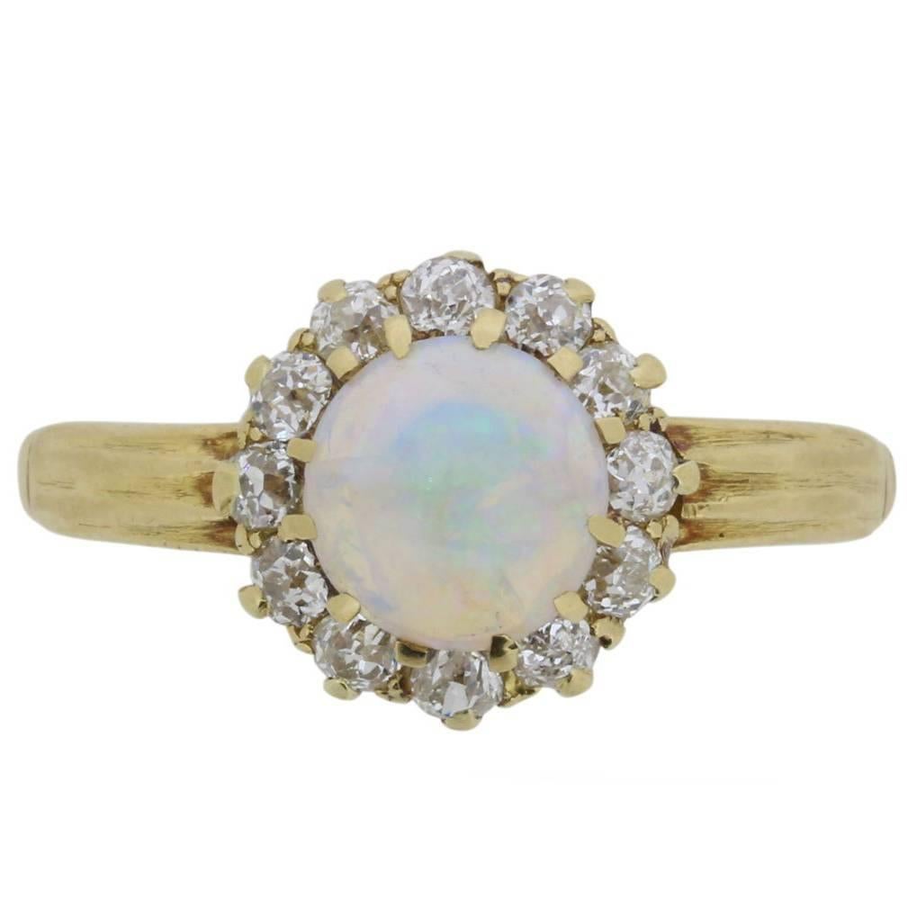 Victorian Opal and Old Cut Diamond Yellow Gold Cluster Ring, circa 1880s