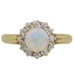 Antique Victorian Opal and Old Cut Diamond Yellow Gold Cluster Ring, circa 1880s