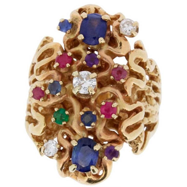 Multi Gemstone Yellow Gold Statement Ring, circa 1960s For Sale at 1stdibs