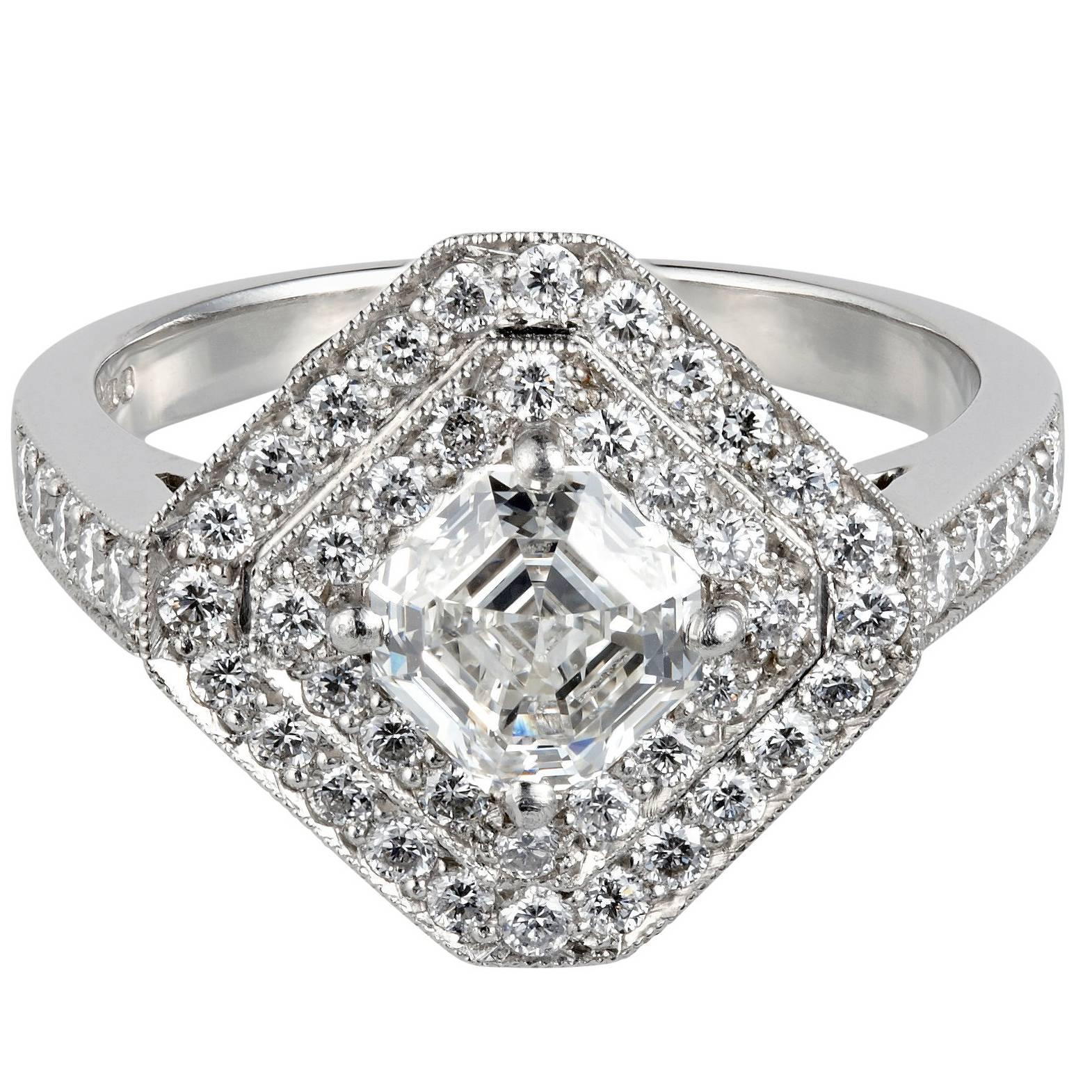 Asscher Cut Diamond Platinum Octagonal Cluster Engagement Ring For Sale