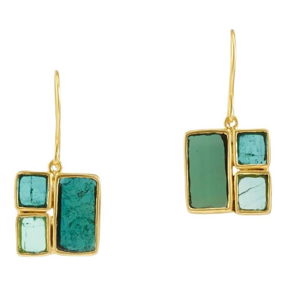Mondrian Inspired Green Tourmaline Gold Earrings For Sale