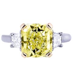 4.01 Carat GIA Certified Fancy Yellow Diamond Three-Stone Engagement Ring 12