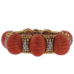 1970s David Webb Carved Coral Diamond Gold Platinum Bracelet