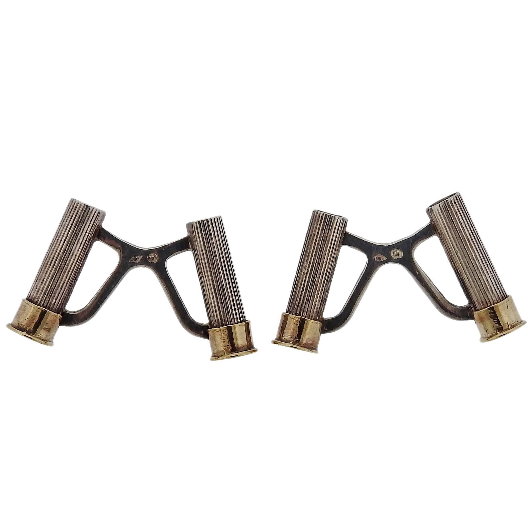 Hermes Gold Silver Shotgun Shell Cufflinks