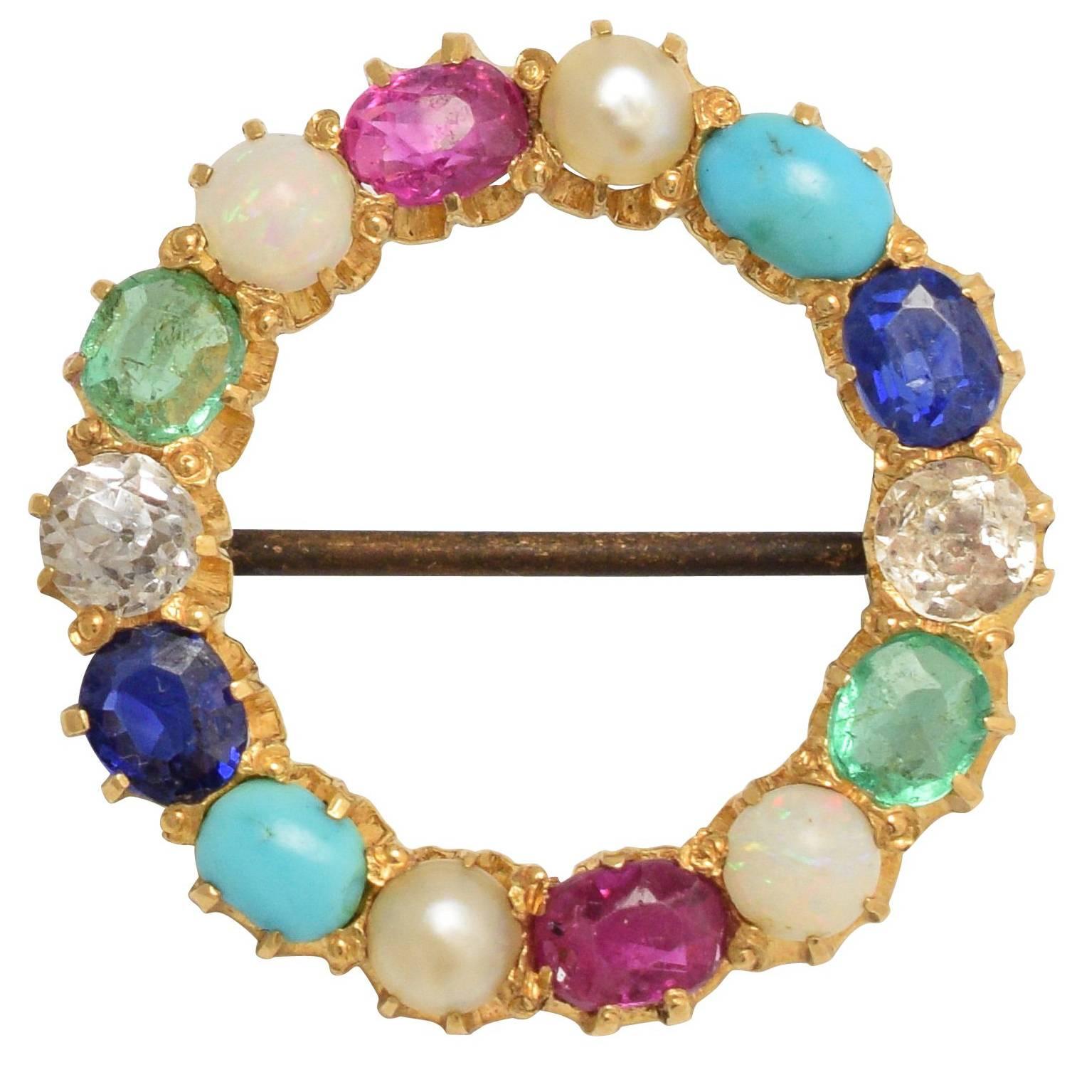 Antique Victorian Harlequin Multi-Gem Halo Brooch