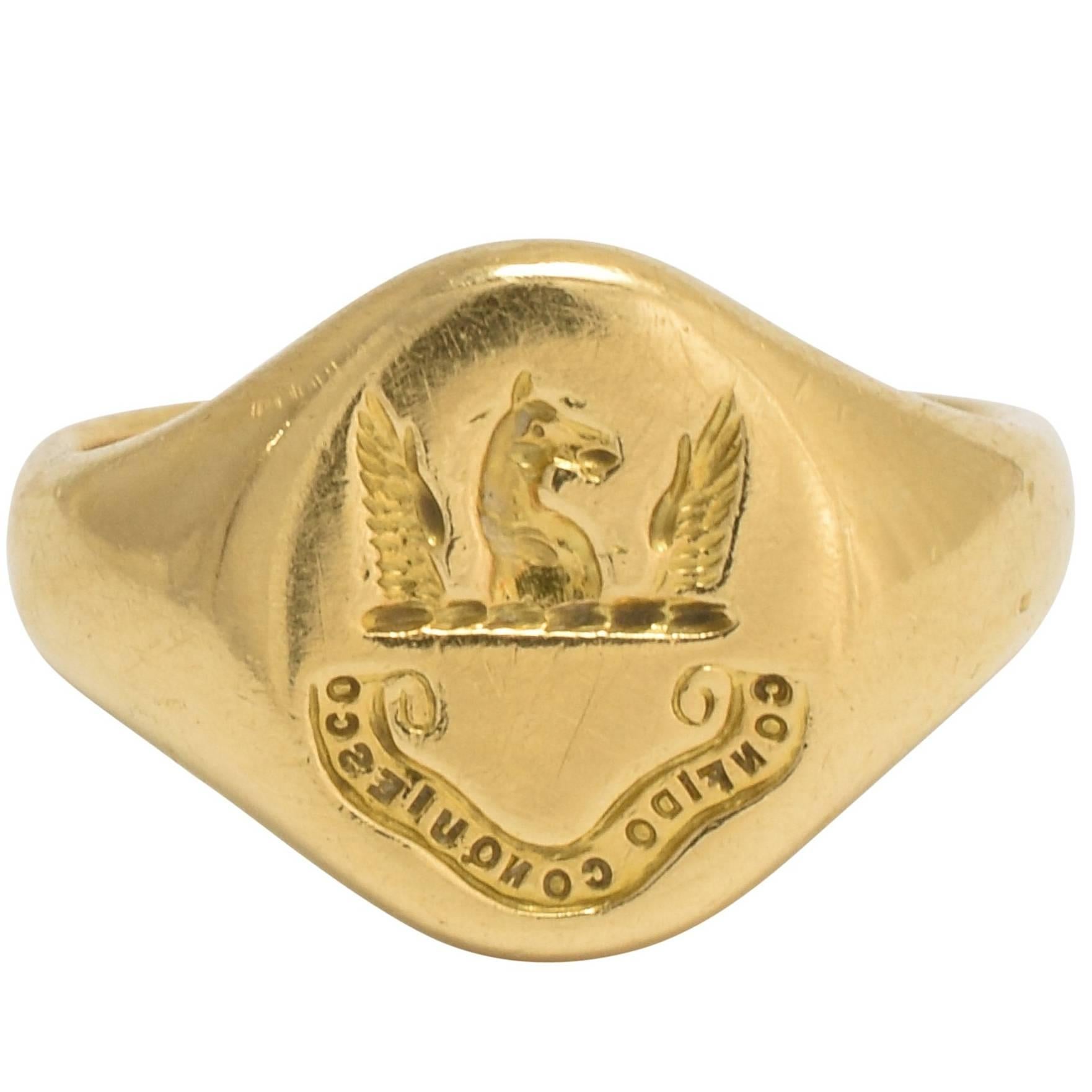 Victorian "I Trust and Am Content" Heraldic Intaglio Signet Ring