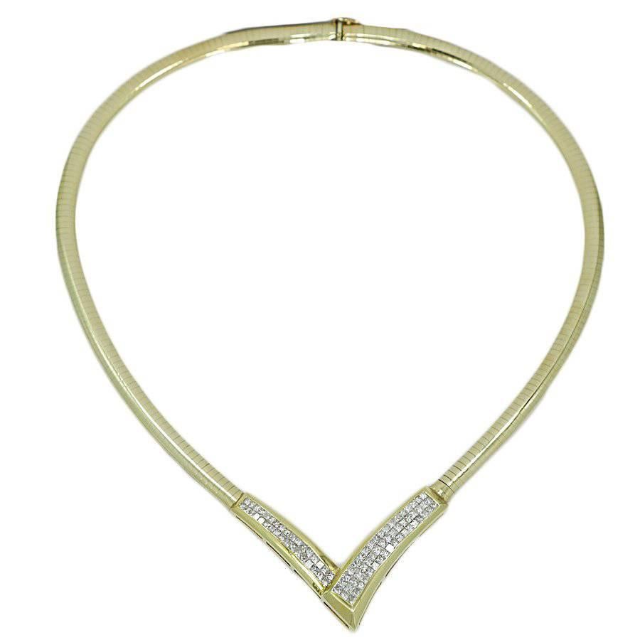 Omega V-Shape Princess Cut Diamond Yellow Gold Necklace For Sale