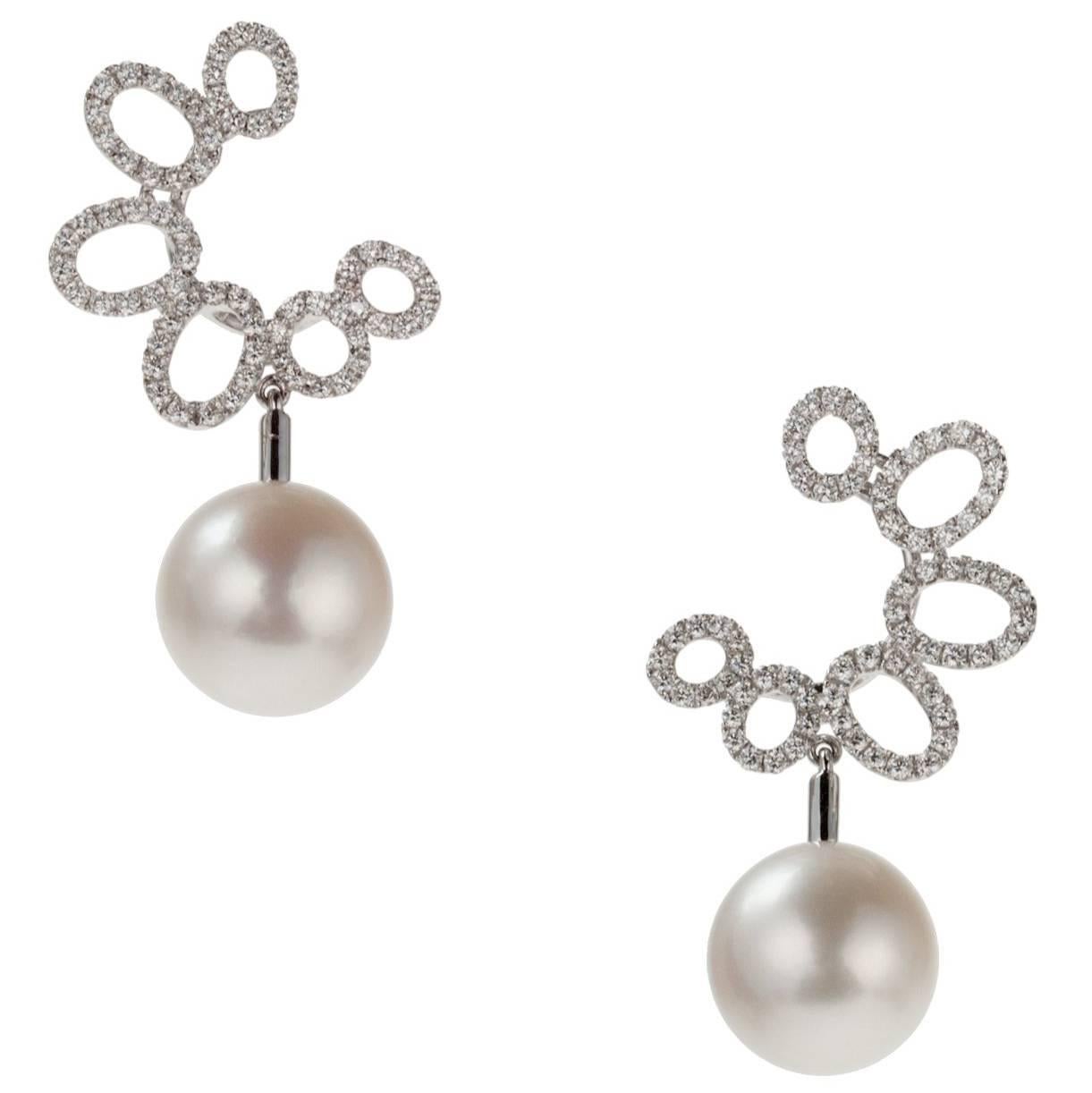 Pearl and Diamond Drop Earrings in 18 Karat White Gold For Sale