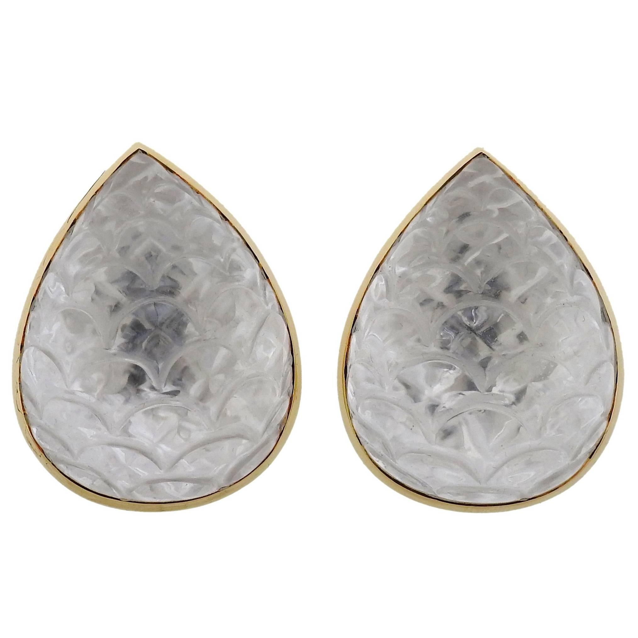David Webb Carved Rock Crystal Gold Earrings