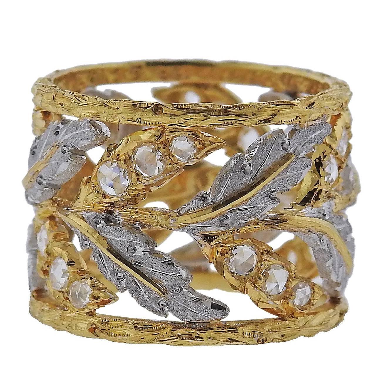 Buccellati Rose Cut Diamond Gold Wide Leaf Ring For Sale