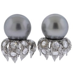 Buccellati South Sea Pearl Rose Cut Diamond Gold Earrings