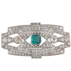 1920s Art Deco Diamond Emerald Platinum Brooch 9