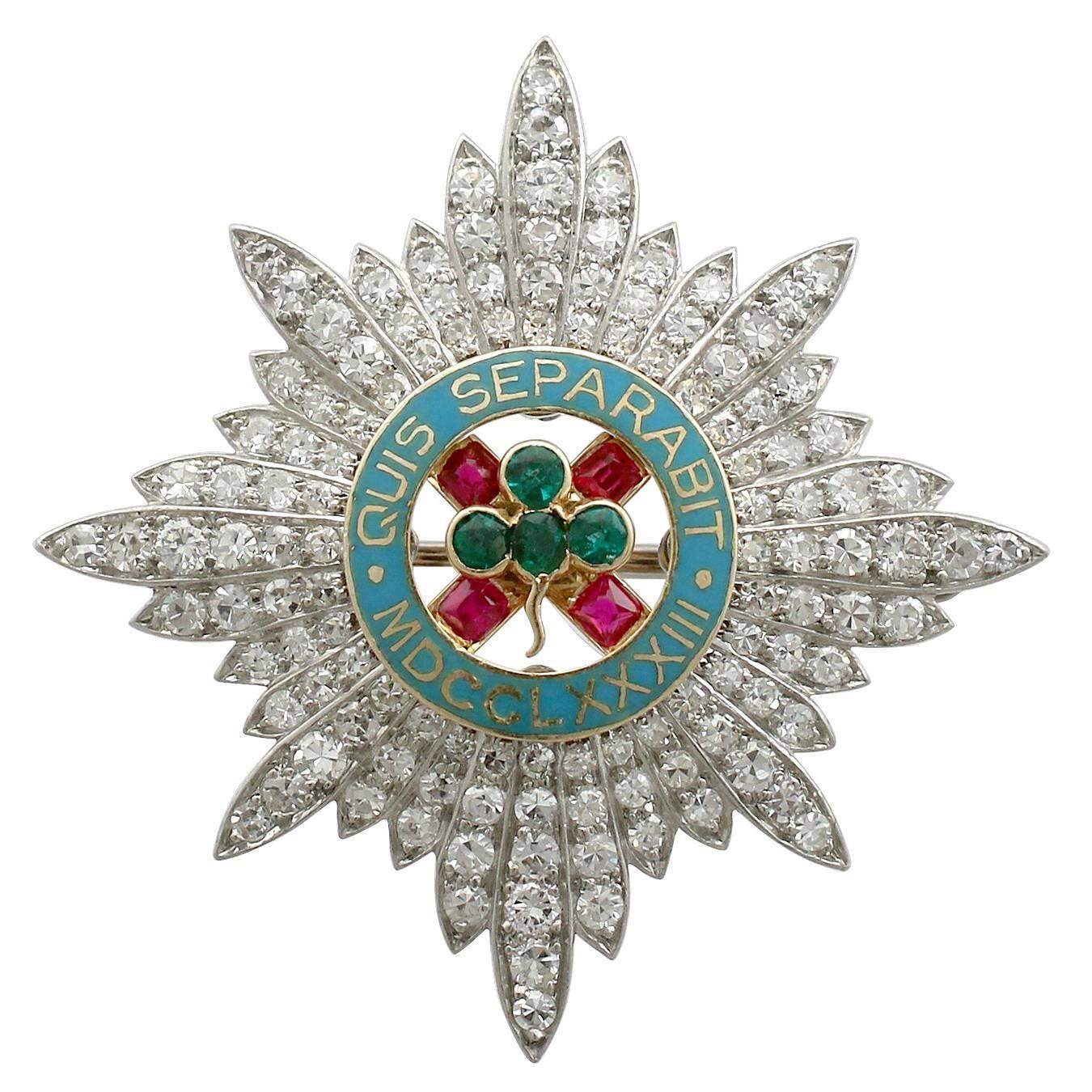 1940s Cartier 2.10 Carat Diamond Ruby Emerald Platinum Military Brooch  