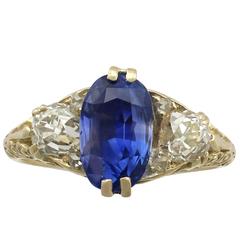 1890s Victorian 3.11 Carat Sapphire Diamond Yellow Gold Trilogy Ring 9