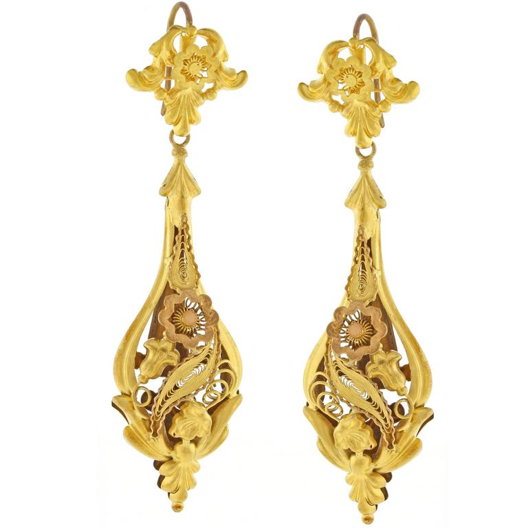 Victorian Gold Filigree Drop Earrings at 1stDibs