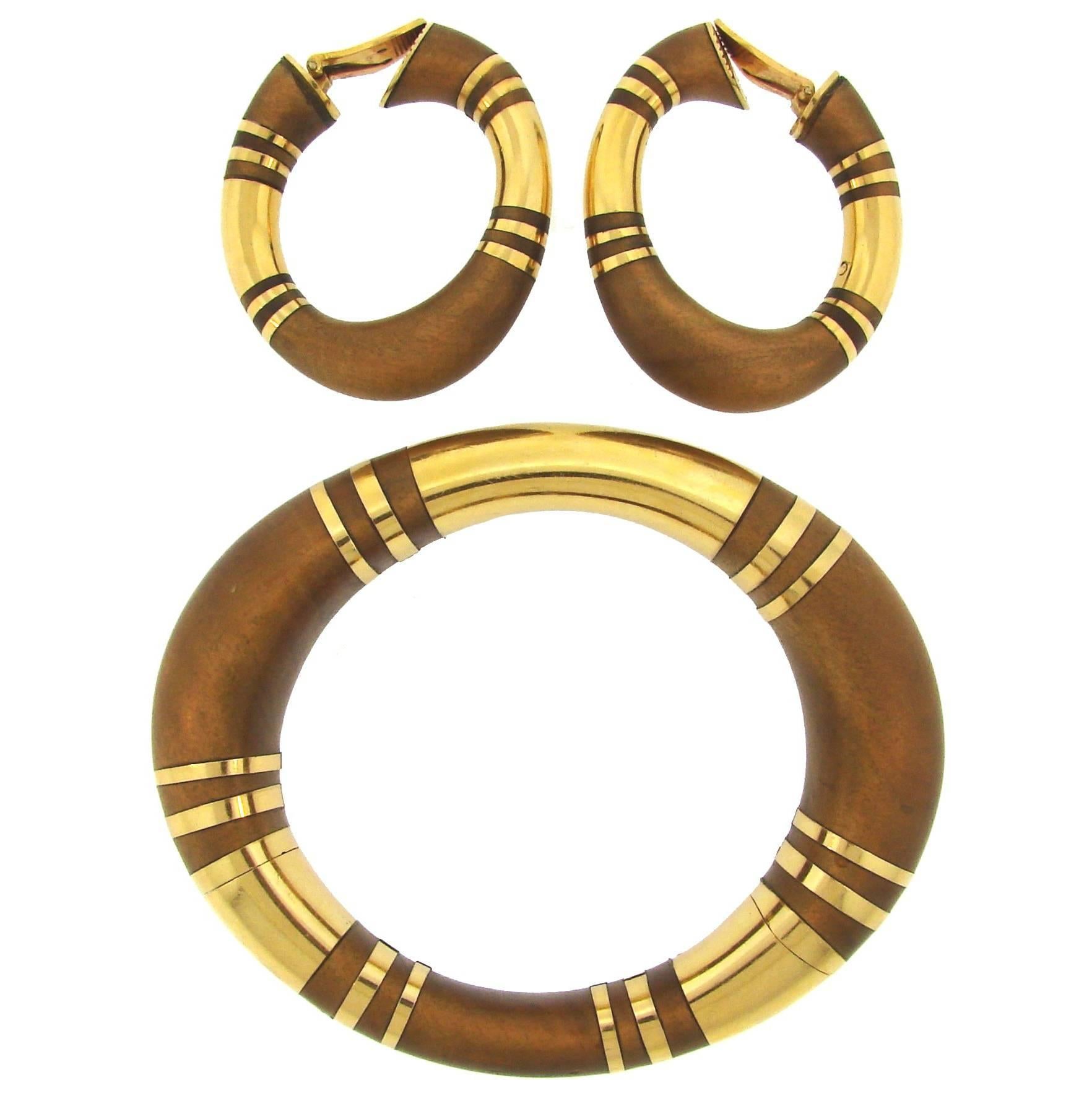 Rene Boivin  Gold Inlaid Wood Bangle Bracelet Earrings Set