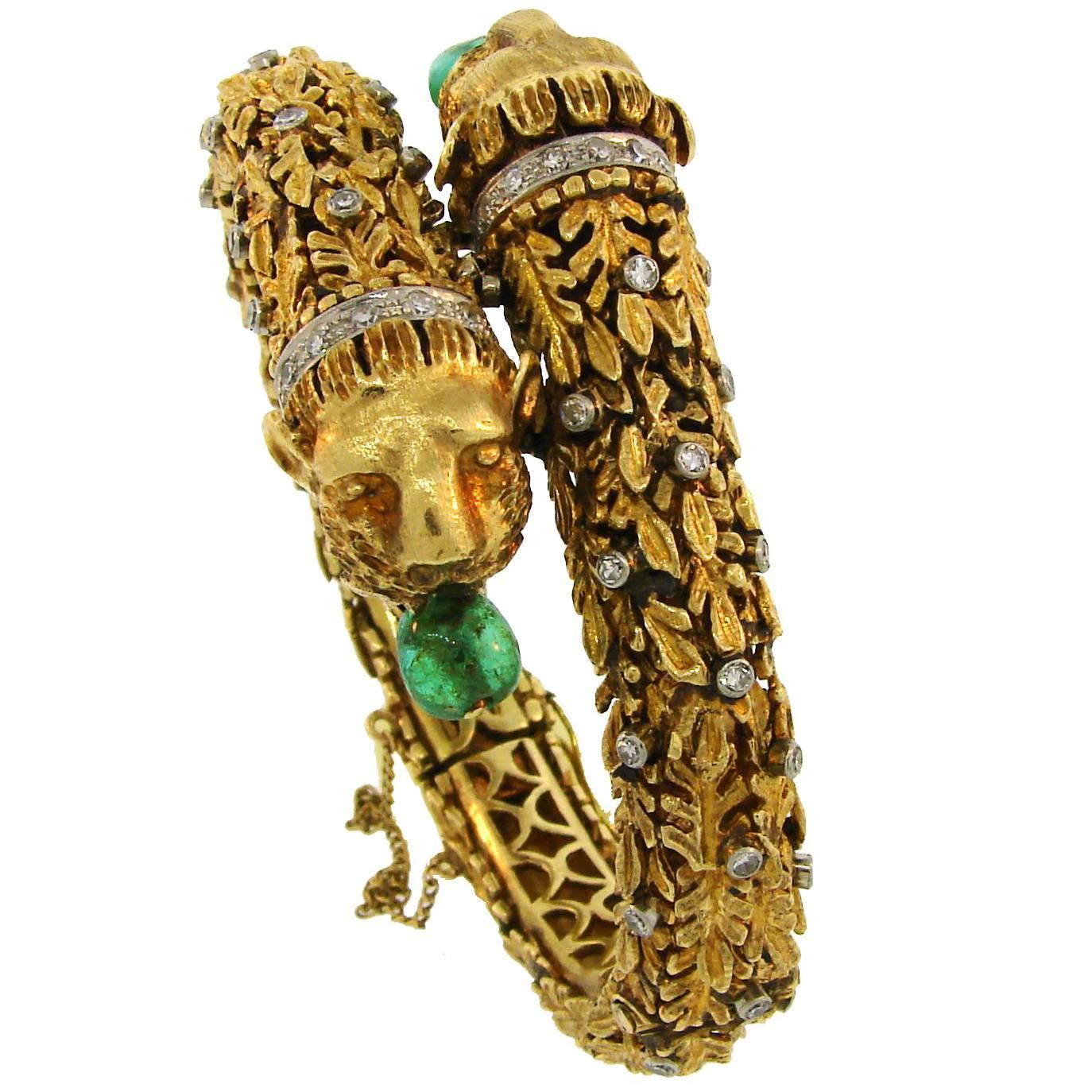 Zolotas Emerald Diamond Yellow Gold Bangle Bracelet 1970s